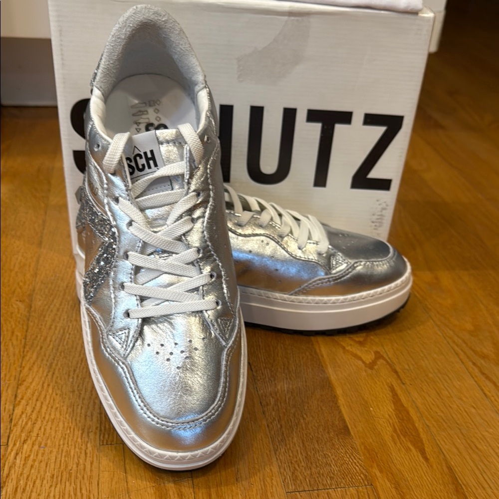 SCHUTZ Shimmering Silver Lace-Up Sneakers